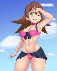  bikini blue_sky brown_hair choker cloud cloudy_sky cowboy_shot earrings female frilled_bikini frills green_eyes hand_up highres jewelry long_hair looking_at_viewer mega_man_(series) mega_man_legends_(series) mega_man_x_(series) mega_man_x_dive navel official_alternate_costume official_alternate_hairstyle pink_bikini pink_choker skull_earrings sky sleepiitreat smile solo swimsuit tron_bonne_(mega_man) 