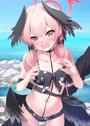  bag bikini black_bikini black_bow black_wings blue_archive blue_sky bow breasts collarbone commentary_request day female fingernails floral_print front-tie_bikini_top front-tie_top hairbow halo head_wings highres koharu_(blue_archive) koharu_(swimsuit)_(blue_archive) long_hair looking_at_viewer low_wings medium_hair mofu_namako navel ocean official_alternate_costume outdoors pink_eyes pink_hair print_bikini red_halo sky small_breasts solo sweat swimsuit tears twintails wings 