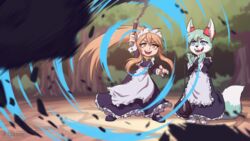  16:9 2022 action_pose ahoge ailaanne anthro ball_and_chain blonde_hair blue_body blue_eyes blue_fur canid canine clapping clothed clothing countershading crossdressing duo eyebrow_through_hair eyebrows female femboy forest fox fur hair hi_res holding_object human jewelry long_hair maid_uniform male mammal morning_star_(weapon) motion_lines open_mouth outside plant ponytail pose rachel_millfall roflfox standing star_eyes super_zangyura translucent translucent_hair tree uniform white_body white_fur widescreen yellow_eyes 