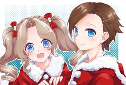  1boy :d asymmetrical_bangs blue_background blue_eyes brother_and_sister brown_hair capelet chiaki1126iove christmas commentary drill_hair female fur-trimmed_capelet fur-trimmed_jacket fur_trim genderswap_(ftm) genderswap_(mtf) hair_intakes hair_ornament hair_ribbon highres jacket katarina_claes keith_claes light_blush looking_at_viewer medium_hair open_mouth otome_game_no_hametsu_flag_shika_nai_akuyaku_reijou_ni_tensei_shite_shimatta outline polka_dot polka_dot_background red_capelet red_jacket red_ribbon reindeer_hair_ornament ribbon rule_63 santa_costume short_hair siblings side-by-side smile step-siblings twin_drills twintails white_outline 