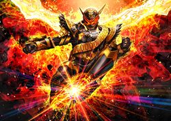  1boy 2018 apocalypse armor arrow_(symbol) black_armor black_bodysuit black_footwear black_gloves bodysuit boots clenched_hand clock clock_hands cowboy_shot driver_(kamen_rider) explosion finishing_move full_body gloves glowing glowing_eyes gold_armor gold_trim kamen_rider kamen_rider_zi-o_(series) long_coat male_focus masukudo_(hamamoto_hikaru) ouma_zi-o powering_up red_eyes rider_belt rider_kick rider_watch tokusatsu waistcoat 