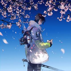  1boy apex_legends biwon_blade black_hair black_pants brown_eyes cherry_blossoms crypto_(apex_legends) flower highres holding holding_photo holding_sword holding_weapon jacket looking_down male_focus mila_alexander mystik_(apex_legends) outdoors pants petals photo_(object) pink_flower sentinel_ga_koku_ni_aru sky smile solo sword weapon white_jacket 