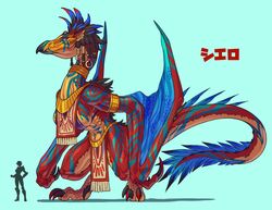  anthro armband beak big_breasts blue_background blue_body blue_feathers bottomwear breasts broad_shoulders brown_hair claws clothing crouching digitigrade dragon dreadlocks duo ear_piercing ear_ring european_mythology facial_piercing feathers female furgonomics furry-specific_piercing hair hi_res human hutago jewelry larger_anthro larger_female lip_piercing loincloth long_neck mammal markings membrane_(anatomy) membranous_wings muscular muscular_female mythological_creature mythological_scalie mythology navel navel_piercing necklace non-mammal_breasts piercing red_body red_scales ring_piercing scales scalie semi-anthro side_boob simple_background size_difference smaller_female smaller_human solo_focus tail teal_eyes tribal tribal_markings western_dragon wide_hips wings wyvern 