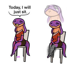  2021 anthro bodily_fluids chair clothed clothing cobra countershading dialogue english_text female furniture hi_res humor keeshee lamarian ncs pares paresthesia purple_body reptile scalie signature simple_background sitting smile snake snake_hood solo static tears text the_truth white_background 