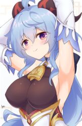  ahoge armpits arms_up bare_shoulders bell blue_hair blush bodystocking breasts cowbell detached_sleeves female ganyu_(genshin_impact) genshin_impact goat_horns hair_between_eyes horns kimukimu large_breasts long_hair looking_at_viewer purple_eyes sidelocks signature simple_background smile solo very_long_hair white_sleeves 