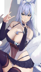  animal_ear_fluff animal_ears azur_lane breasts elbow_gloves female fox_ears fox_girl fox_shadow_puppet fox_tail gaitoou gloves highleg highleg_leotard kitsune kyuubi leotard long_hair microskirt multiple_tails official_alternate_costume panty_straps purple_eyes race_queen shadow shinano_(azur_lane) shinano_(moonlit_chrome)_(azur_lane) skirt tail very_long_hair white_hair white_tail 