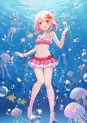  :d air_bubble bare_arms bare_legs bare_shoulders barefoot bikini bikini_skirt blush bow braid breasts bubble cherry_blossom_print cherry_blossoms cleavage collarbone commentary_request female fish floral_print flower frilled_bikini frills full_body hair_between_eyes hair_flower hair_ornament hand_up highres jellyfish light_rays long_hair looking_at_viewer navel open_mouth petals pink_bikini pink_hair red_bow red_eyes red_ribbon ribbon ribbon-trimmed_bikini ribbon_trim rio.lw second-party_source sergestid_shrimp_in_tungkang single_braid small_breasts smile solo stomach sunbeam sunlight swimsuit teeth thigh_gap underwater upper_teeth_only wrist_cuffs xuan_ying 