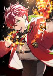  1boy artist_name bad_id bad_pixiv_id black_gloves chest_guard clenched_hands commentary_request ear_piercing earrings embers fingerless_gloves fire gloves green_eyes hands_up helios_rising_heroes highres hood hood_down hooded_jacket jacket jewelry male_focus open_mouth otori_akira partial_commentary piercing pyrokinesis red_gloves red_hair red_jacket short_hair sideways_glance signature sleeves_past_elbows solo sonomi upper_body 