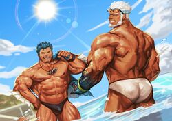  2boys abs absurdres aegir_(housamo) alternate_costume aqua_hair ass bara beach beard blue_eyes bulge dark-skinned_male dark_skin day eyewear_on_head facial_hair fins fish_boy from_behind highres jewelry korean_commentary large_pectorals male_focus male_swimwear mature_male multicolored_hair multiple_boys muscular muscular_male navel necklace nipples outdoors pectorals sharp_teeth shell shell_necklace short_hair stomach streaked_hair stubble sunlight swim_briefs teeth thick_thighs thighs tokyo_afterschool_summoners topless_male traver009 triton_(housamo) wading water white_hair 