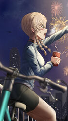  :d aircraft amane_suzuha arm_up bicycle bicycle_seat bike_shorts blue_sweater blurry blush braid breasts brown_hair cup depth_of_field disposable_cup drinking_straw female fireworks from_side helicopter highres holding holding_cup lamppost long_hair looking_ahead medium_breasts night night_sky open_mouth outstretched_arm profile silvertsuki sitting sky smile solo steins;gate sweater teeth thighs twin_braids upper_teeth_only 