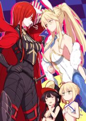  4girls ahoge animal_ears armored_boots artoria_pendragon_(fate) artoria_pendragon_(swimsuit_archer)_(fate) artoria_pendragon_(swimsuit_archer)_(first_ascension)_(fate) artoria_pendragon_(swimsuit_ruler)_(fate) bad_id bad_pixiv_id bare_shoulders belt bikini black_bodysuit black_hair blonde_hair blue_necktie blue_pantyhose blush bodysuit boots braid breast_envy breasts cape chains cleavage closed_mouth clothing_cutout collared_cape crest detached_collar dual_persona family_crest fate/grand_order fate_(series) feather_boa fishnet_pantyhose fishnets french_braid green_eyes hair_between_eyes hair_over_one_eye hat headphones headphones_around_neck highleg highleg_leotard katana kodamari koha-ace large_breasts leotard long_hair medium_breasts multiple_girls navel navel_cutout necktie oda_nobunaga_(fate) oda_nobunaga_(maou_avenger)_(fate) oda_nobunaga_(swimsuit_berserker)_(fate) oda_nobunaga_(swimsuit_berserker)_(second_ascension)_(fate) oda_uri pantyhose peaked_cap playboy_bunny ponytail popped_collar rabbit_ears red_cape red_eyes red_hair short_necktie sidelocks small_breasts smile swimsuit sword tiara weapon white_bikini white_leotard 