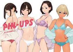  4girls :3 aqua_bra aqua_panties armpits ass ass_visible_through_thighs black_eyes black_hair blonde_hair blue_eyes blunt_bangs bob_cut bra breasts brown_eyes brown_hair cleavage collarbone commentary_request copyright_name cover cowboy_shot dark-skinned_female dark_skin dot_nose douki-chan_(douki-chan) earrings floral_print foreground_text ganbare_douki-chan hair_behind_ear head_tilt highres inverted_bob jewelry kouhai-chan_(douki-chan) lace lace-trimmed_bra lace-trimmed_panties lace_bra lace_panties lace_trim looking_at_viewer looking_back medium_breasts mole mole_on_cheek mole_on_thigh multi-strapped_panties multiple_girls nail_polish navel necklace off_shoulder open_clothes open_shirt panties parted_bangs parted_lips purple_bra purple_panties red_bra red_panties seductive_smile senpai-san_(douki-chan) shinjin-chan_(douki-chan) shirt short_hair short_ponytail simple_background skindentation small_breasts smile smirk standing thick_eyebrows thighs translated underwear underwear_only white_background white_bra white_panties yomu_(sgt_epper) 