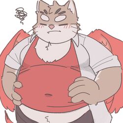  1:1 2022 anthro belly big_belly blush closed_eyes clothing domestic_cat felid feline felis hi_res humanoid_hands jamiephut kemono lifewonders male mammal overweight overweight_male shirt sitri_(tas) solo tokyo_afterschool_summoners topwear wings 