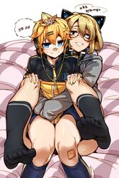  2boys animal_ear_headphones animal_ears black_legwear blonde_hair blue_eyes blush cat_ear_headphones doppel_(bonnypir) drooling fake_animal_ears full_body glasses grin hair_ornament hairclip headphones highres hug hug_from_behind kagamine_len korean_commentary korean_text looking_at_viewer male_focus multiple_boys park_jinim_(parkgee) real_life round_eyewear saliva smile socks straddling stylish_energy_(module) sweatdrop vocaloid yaoi 