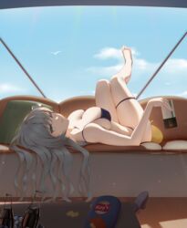  absurdres alternate_costume azur_lane barefoot bikini bottle brand_name_imitation breasts cellphone chips_(food) cleavage collarbone commentary_request couch female food glass grey_eyes grey_hair highres ice_bucket icycore large_breasts lay&#039;s_(potato_chips) legs_up long_hair looking_at_viewer lying on_back phone potato_chips sardegna_empire_(emblem) skindentation sky smartphone solo swimsuit thigh_strap upside-down vittorio_veneto_(azur_lane) 