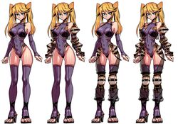  absurdres ass_visible_through_thighs bare_shoulders blonde_hair blue_eyes breasts covered_navel elbow_gloves female full_body ga320aaa gauntlets gloves high_heels highres knee_guards leotard multiple_views original purple_legwear reference_sheet see-through simple_background thighhighs toeless_footwear twintails white_background 