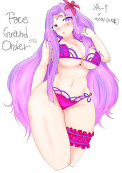  absurdres bikini breasts cosplay facial_mark fate/grand_order fate_(series) female forehead forehead_mark haru_(89_air) highres long_hair medusa_(fate) medusa_(rider)_(fate) purple_eyes purple_hair scathach_(fate) scathach_(swimsuit_assassin)_(fate) scathach_(swimsuit_assassin)_(fate)_(cosplay) simple_background solo swimsuit thick_thighs thighs upper_body very_long_hair white_background 