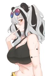  :p animal_ears arknights bare_shoulders black_hair black_sports_bra blush breasts cleavage commentary crop_top eyewear_on_head feater_(arknights) feater_(dojo_star)_(arknights) female grey_hair highres large_breasts long_hair looking_at_viewer midriff multicolored_hair navel official_alternate_costume orange_eyes panda_ears radioneet round_eyewear simple_background smile solo sports_bra stomach strap_gap streaked_hair sunglasses sweat tongue tongue_out twintails upper_body white_background 