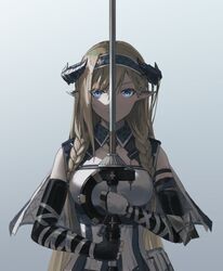  arknights black_gloves blonde_hair blue_eyes braid breasts capelet closed_mouth dress female fingerless_gloves gloves hair_between_eyes hairband holding holding_sword holding_weapon horns long_hair looking_at_viewer pointy_ears saileach_(arknights) side_braids simple_background solo sword tsukira_(amayadori) upper_body very_long_hair weapon 