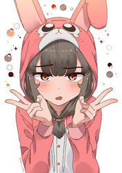  animal_hood blush brown_eyes brown_hair commentary_request double_v female han_nuri highres hood jitome korean_commentary long_sleeves nakta open_mouth original pajamas photoshop_(medium) rabbit_hood solo sweatdrop tied_hair upper_body v white_background you&#039;re_under_my_skin! 