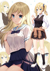  blonde_hair blue_eyes blue_nails blue_scrunchie blush bracelet braid breasts brown_cardigan cardigan cardigan_around_waist cellphone clothes_around_waist collared_shirt female fingernails hair_between_eyes hair_ornament hair_scrunchie hand_on_own_chest hayasaka_ai haysaca_a._smithee highres jacket jacket_around_waist jewelry kaguya-sama_wa_kokurasetai_~tensai-tachi_no_renai_zunousen~ long_hair maid maid_headdress medium_breasts midriff_peek multiple_views nail_polish phone pink_nails pleated_skirt revision rosuuri school_uniform scrunchie serafuku shirt shoes short_sleeves shuuchiin_academy_uniform side_ponytail sidelocks single_braid skirt smartphone sweater sweater_around_waist uwabaki v white_shirt 