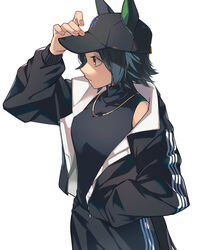  animal_ears baseball_cap black_hair black_hat black_jacket black_pants black_shirt closed_mouth ears_through_headwear female fuyukayui hand_in_pocket hand_on_headwear hand_up hat highres horse_ears horse_girl jacket jewelry long_sleeves looking_afar necklace pants profile red_eyes shirt short_hair simple_background sleeveless sleeveless_shirt solo turtleneck umamusume upper_body white_background winning_ticket_(umamusume) 