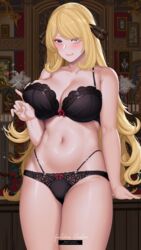  absurdres bare_shoulders blonde_hair bra breasts cleavage closed_mouth collarbone cynthia_(pokemon) eyelashes female flower grey_eyes hair_ornament hair_over_one_eye hanada_yanochi highres large_breasts lingerie long_hair looking_at_viewer makeup navel panties picture_frame plant pokemon pokemon_dppt red_flower red_rose rose smile solo thighs underwear very_long_hair water 