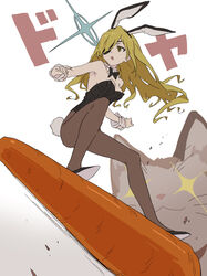  :o absurdres animal animal_ears balancing bare_shoulders black_bow black_bowtie black_footwear black_leotard blonde_hair bow bowtie breasts brown_background brown_pantyhose carrot cleavage commentary cosplay daicon daicon_bunny_girl daicon_bunny_girl_(cosplay) daicon_iv detached_collar eyepatch fairy fake_animal_ears feline female full_body gainax gradient_background green_eyes hair_over_one_eye highres leotard long_hair looking_ahead medium_breasts mini_person minigirl open_mouth othinus outstretched_arms pantyhose playboy_bunny rabbit_ears shards shoes sparkle sparkling_eyes sphinx_(toaru_majutsu_no_index) standing strapless strapless_leotard surfing swept_bangs teruya_(6w6y) toaru_majutsu_no_index toaru_majutsu_no_index:_new_testament translated wavy_hair white_background wrist_cuffs 