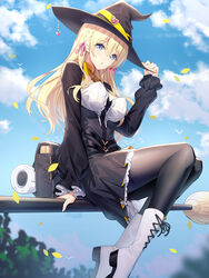  arm_support artist_name bag black_dress black_hat black_pantyhose blonde_hair blue_eyes blush boots braid breasts broom broom_riding commentary cross-laced_footwear day dress feet_out_of_frame female hair_between_eyes hair_ribbon hand_on_headwear hand_up hat heart highres lace-up_boots long_hair long_sleeves looking_at_viewer medium_breasts original outdoors pantyhose parted_lips petals pink_ribbon puffy_long_sleeves puffy_sleeves ribbon ririko_(zhuoyandesailaer) saegusa_futaba sidesaddle sitting solo very_long_hair watermark white_footwear witch witch_hat 