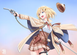  blonde_hair blue_eyes bob_cut detective female gun hair_ornament handgun hat holding holding_gun holding_weapon hololive hololive_english holster jpc long_sleeves necktie open_mouth pocket_watch revolver saber_(weapon) shirt short_hair skirt smile solo sword syringe thigh_holster trigger_discipline virtual_youtuber watch watson_amelia watson_amelia_(1st_costume) weapon webley_revolver white_shirt 