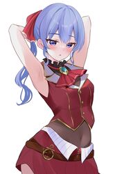  absurdres armpits arms_behind_head ascot belt black_choker blue_eyes blue_hair blush breasts brown_belt choker cleavage commentary cosplay covered_navel cropped_jacket fawny female frilled_choker frills hair_ribbon highres hololive hoshimachi_suisei houshou_marine houshou_marine_(1st_costume) houshou_marine_(cosplay) jacket leather_belt leotard leotard_under_clothes long_hair looking_at_viewer miniskirt pleated_skirt red_ascot red_jacket red_ribbon red_skirt ribbon side_ponytail simple_background skirt sleeveless sleeveless_jacket small_breasts star_(symbol) star_in_eye symbol_in_eye virtual_youtuber white_background 