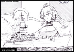  andrea_doria_(azur_lane) andrea_doria_(battleship) antenna_hair azur_lane battleship breasts cape character_name cleavage commentary drill_hair drill_sidelocks emblem english_commentary female graphite_(medium) greyscale hatching_(texture) highres large_breasts long_hair military_vehicle millipen_(medium) monochrome name_connection object_namesake ocean ship sidelocks signature the_general traditional_media vehicle_and_personification warship watercraft white_cape 