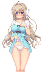  :o ahoge annoyed ass_visible_through_thighs blue_dress blush bow bow_panties braid breasts casual clothes_lift collarbone commentary_request cowboy_shot dress dress_lift empire_waist female frilled_dress frills groin hair_between_eyes hair_intakes hairbow highres kamuchin_soda lifting_own_clothes light_brown_hair long_hair looking_at_viewer medium_breasts panties parted_lips purple_eyes sacred_claire sacred_lineage shirt side_braid simple_background single_braid solo standing thigh_gap thighs underwear v-shaped_eyebrows white_background white_bow white_panties white_shirt 