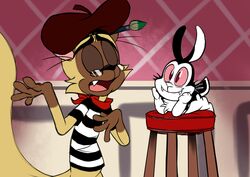  2019 8-bit-britt anthro artist bandana beret black_body black_clothing black_ears black_fur black_nose black_shirt black_t-shirt black_tail black_topwear brown_body brown_ears brown_fur brown_tail brush bunnicula bunnicula_(series) chest_tuft chester_(bunnicula) clothing digital_media_(artwork) domestic_cat duo eyewear fangs felid feline felis fur furniture glasses hand_on_chest hand_on_face hand_on_own_chest hands_on_own_face happy hat headgear headwear inside kerchief lagomorph leporid listening long_ears looking_at_another lying male male/male mammal multicolored_body multicolored_clothing multicolored_fur multicolored_topwear on_front on_stool purple_beret rabbit red_bandanna red_eyes red_kerchief red_sclera scut_tail sharp_teeth shirt short_tail side_view smile standing stool t-shirt tail teeth tongue topwear tuft two_tone_body two_tone_clothing two_tone_fur two_tone_t-shirt two_tone_tail two_tone_topwear vampire white_body white_chest_tuft white_clothing white_fur white_nose white_shirt white_t-shirt white_tail white_topwear white_tuft 