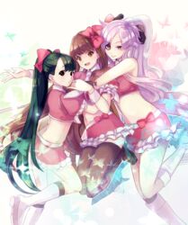  3girls amrta black_eyes black_thighhighs bow brown_eyes brown_hair bug butterfly crop_top eyelashes frilled_skirt frills green_hair hairbow inga kaishou_rie long_hair looking_at_viewer multiple_girls navel necktie open_mouth parted_lips pink_bow pink_shirt pink_skirt puffy_short_sleeves puffy_sleeves purple_eyes purple_hair sasa_kazamori shirt short_sleeves skirt sleeveless sleeveless_shirt thighhighs un-go very_long_hair white_footwear white_necktie wrist_cuffs 