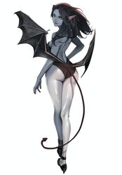  absurdres arm_at_side ass backless_leotard bare_back bare_shoulders bat_wings black_footwear black_hair black_leotard black_theme black_wings blurry blush breasts closed_mouth colored_skin commentary demon_girl demon_tail demon_wings depth_of_field ear_blush english_commentary female from_behind full_body grey_skin hand_on_own_hip high_heels highres leotard long_hair looking_at_viewer looking_back low_wings medium_breasts ori_dal original parted_bangs pointy_ears red_lips simple_background solo strapless strapless_leotard tail walking white_background wings yellow_eyes 