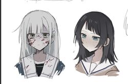  2girls bang_dream! bang_dream!_it&#039;s_mygo!!!!! black_hair blood blood_on_clothes blood_on_face blue_eyes blue_shirt blush brown_dress brown_eyes closed_mouth collarbone commentary cropped_torso dress grey_hair hair_ornament hairclip hanasakigawa_school_uniform haneoka_school_uniform highres long_hair looking_at_another medium_hair multiple_girls neck_blush nervous_sweating saifu_(saihu715) sailor_collar school_uniform serafuku shirt sidelocks simple_background sweat tsukinomori_school_uniform upper_body wakaba_mutsumi white_background white_sailor_collar yahata_umiri 