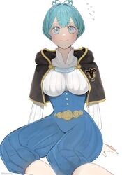  black_bulls_(emblem) black_capelet black_clover blue_eyes blue_hair blush breasts capelet female grey_(black_clover) highres medium_breasts rizaavana short_hair simple_background solo white_background 