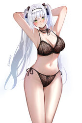  armpits arms_behind_head artist_name black_bra black_ribbon blush bra breasts cleavage cowboy_shot female girls&#039;_frontline green_eyes hair_ribbon hairband highres hk433_(girls&#039;_frontline) hk433_(sweetheart&#039;s_family_kitchen)_(girls&#039;_frontline) ksartworks lingerie long_hair looking_at_viewer neck_ribbon panties parted_lips ribbon side-tie_panties solo straight-on twintails underwear white_hair white_hairband 