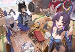  4girls absurdres animal_ears apron black_eyes black_hair black_horns black_sailor_collar blue_archive blue_halo blue_neckerchief blush book breasts cat_ears chocolate cleavage closed_mouth cup fake_animal_ears grey_eyes hair_ornament halo haori highres horns hyakkaryouran_(blue_archive) indoors japanese_clothes jiki_(gkdlfnzo1245) kikyou_(blue_archive) large_breasts long_hair long_sleeves looking_at_viewer mixing_bowl multiple_girls nagusa_(blue_archive) naked_apron neckerchief open_book open_mouth purple_eyes purple_hair purple_halo rabbit_ears red_hair red_halo renge_(blue_archive) sailor_collar school_uniform serafuku single_horn small_breasts smile tail tatami whisk white_apron white_hair wrist_cuffs yukari_(blue_archive) 