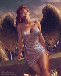  breasts brown_hair city cleavage commentary dc_comics dress english_commentary evening feathered_wings female hawkgirl highres jewelry justice_league krystopher_decker legs_together necklace on_railing paid_reward_available parted_lips railing realistic red_lips shayera_hol sitting solo thighs tight_clothes tight_dress wings 