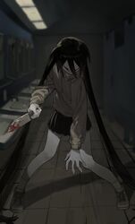  absurdres bathroom black_hair black_skirt blood blood_on_knife colored_skin commentary_request cosplay crazy_smile creepypasta female grey_hoodie hatsune_miku highres holding holding_knife hood hoodie horror_(theme) indoors jeff_the_killer jeff_the_killer_(cosplay) knife long_hair mirror p_(pm_611a) shoes sink skirt smile socks solo tile_floor tiles twintails very_long_hair vocaloid white_footwear white_skin white_socks 