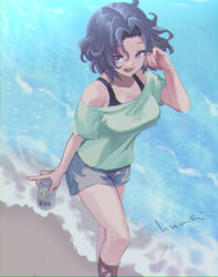  :d adjusting_hair beach beer_can black_bra bra breasts can commentary_request drink_can female from_above grand_blue green_shirt grey_shorts hamaoka_azusa kyou_fumei looking_at_viewer medium_breasts ocean off-shoulder_shirt off_shoulder purple_eyes purple_hair shirt short_hair short_shorts shorts signature smile solo underwear watermark 