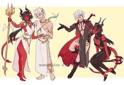  1boy anklet astarion baldur&#039;s_gate baldur&#039;s_gate_3 barefoot black_hair black_sclera blood blood_on_clothes boots bow_(weapon) breasts cleavage colored_sclera colored_skin crossdressing demon_girl demon_horns dress dungeons_&amp;_dragons elf fangs female goldfishu heterochromia holding_trident horns jewelry official_alternate_costume pointy_ears polearm red_skin sandals side_slit smile staff tail tav_(baldur&#039;s_gate) tiefling toga trident vampire weapon weapon_on_back white_dress white_hair 