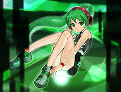  android bare_shoulders bodysuit charu_(saru_getchu) closed_mouth cyberspace female full_body green_eyes green_hair headphones highres kei9969 long_hair looking_at_viewer ponytail saru_getchu solo 