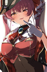  absurdres arrow_through_heart ascot black_choker black_coat black_hat blush breasts choker coat commentary cropped_jacket english_commentary female frilled_choker frills gloves hair_ribbon hat heterochromia highres hololive houshou_marine houshou_marine_(1st_costume) jacket large_breasts leotard leotard_under_clothes long_hair looking_at_viewer open_mouth pirate_hat red_ascot red_coat red_eyes red_hair red_jacket red_ribbon ribbon simple_background sleeveless sleeveless_jacket smile solo twintails two-sided_coat two-sided_fabric virtual_youtuber white_background white_gloves yellow_eyes yunon_oto_mad 