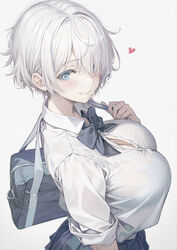  bag blue_eyes blush bow bowtie bra_visible_through_clothes breasts button_gap buttons closed_mouth collared_shirt commentary female hair_between_eyes heart huge_breasts kurono_mitsuki looking_at_viewer original pleated_skirt school_bag school_uniform see-through see-through_shirt shirt short_hair simple_background skirt sleeves_rolled_up smile solo tomboy_childhood_friend_(kurono_mitsuki) white_hair white_shirt 