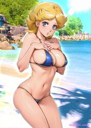  aged_up artist_name bare_arms bare_shoulders beach bikini blonde_hair blue_bikini blue_eyes blush breasts cleavage collarbone commentary_request day female gundam hands_on_own_chest hands_up highres kikka_kitamoto looking_at_viewer medium_breasts medium_hair mobile_suit_gundam navel oyaman parted_bangs parted_lips photo_background shadow shiny_skin stomach swimsuit thighs water 