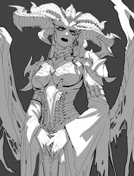  absurdres armlet armor between_breasts breasts commentary cowboy_shot curled_horns demon_girl demon_horns demon_wings diablo_(series) diablo_4 dress earrings english_commentary facial_mark female fingernails head_tilt highres horns jewelry lilith_(diablo) line_art long_sleeves looking_at_viewer monochrome monster_girl multiple_horns ori_dal own_hands_together pauldrons plunging_neckline shoulder_armor simple_background solo torn_wings underbust veins wide_sleeves wings zipper 