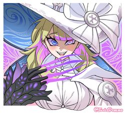  absurdres blonde_hair breasts diabellze_the_original_sinkeeper duel_monster female fingernails gloves hat high_collar highres just_dreamo large_breasts long_fingernails long_hair long_sleeves looking_at_viewer multicolored_hair open_mouth smile solo witch_hat yu-gi-oh! 